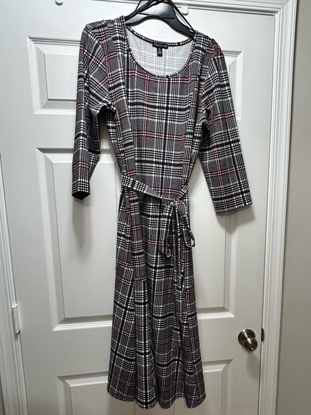 Nina Leonard Black, White & Red Plaid Tie-Waist Midi Dress